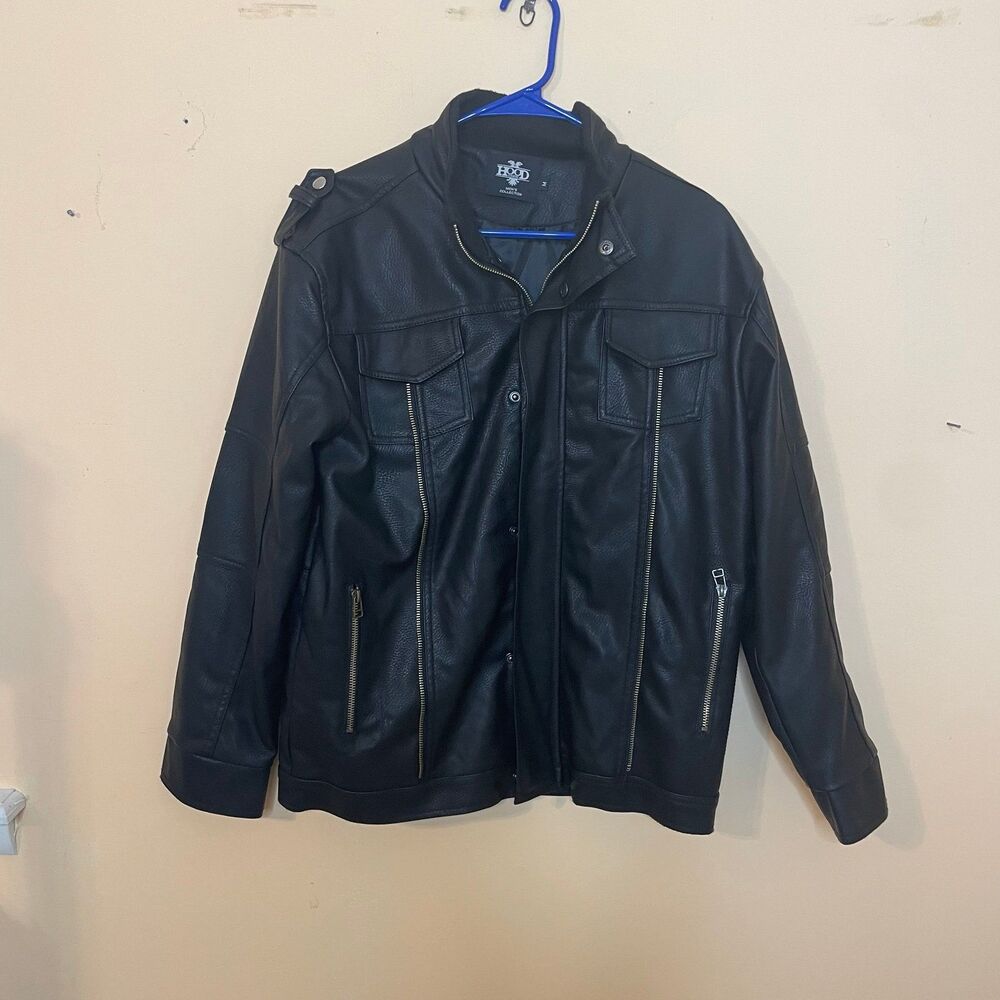 Hood crew men’s black faux leather jacket coat  size medium